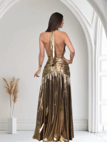 Golden Siren Metallic Maxi Dress close up detail of metallic design and fabric