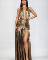Golden Siren Metallic Maxi Dress front view showing full-length maxi silhouette