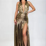 Golden Siren Metallic Maxi Dress front view showing full-length maxi silhouette
