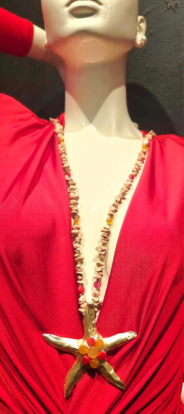 Pink gold starfish gemstone drop necklace – beach inspired layered shell charm