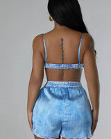 Good Vibes Blue Short Set – Spaghetti Strap side view showing shorts fit and silhouette