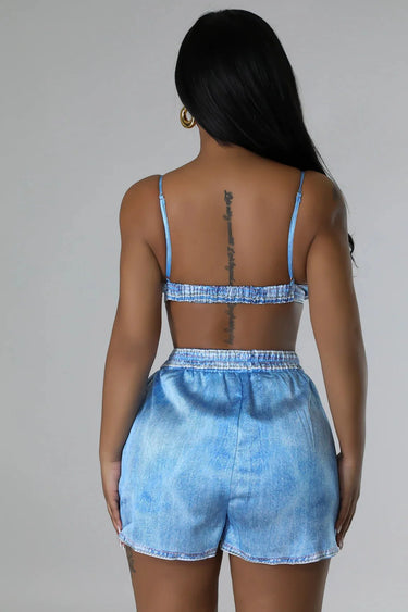 Good Vibes Blue Short Set – Spaghetti Strap side view showing shorts fit and silhouette
