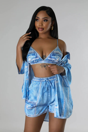 Good Vibes Blue Short Set – Spaghetti Strap close up of matching top design and fabric detail
