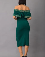 Greek Border Pattern Off Shoulder Green Midi Dress close up detail of off shoulder design