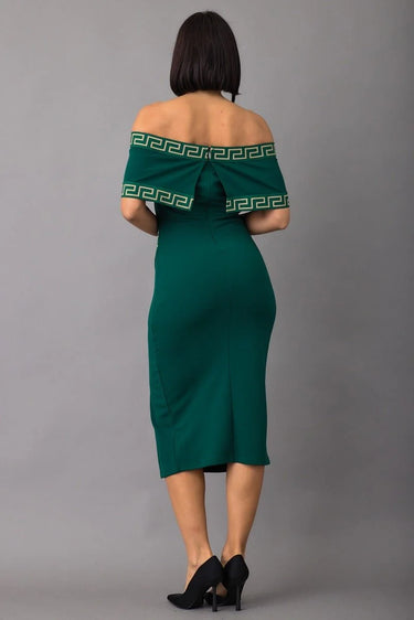 Greek Border Pattern Off Shoulder Green Midi Dress close up detail of off shoulder design