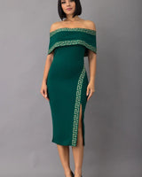 Greek Border Pattern Off Shoulder Green Midi Dress front view showing full midi length silhouette