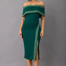 Greek Border Pattern Off Shoulder Green Midi Dress front view showing full midi length silhouette