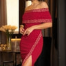 Greek Border Pattern Off Shoulder Red Midi Dress close up detail of off shoulder design