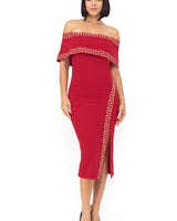 Greek Border Pattern Off Shoulder Red Midi Dress front view showing full midi length silhouette