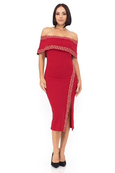 Greek Border Pattern Off Shoulder Red Midi Dress front view showing full midi length silhouette