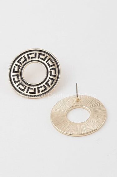 Greek Key Earrings – Classic Circular Stud Design in Gold Tone - women's statement jewelry