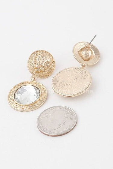 Greek Lion earrings Emblem Drop Earrings with Crystal Detail - chic women's accessory