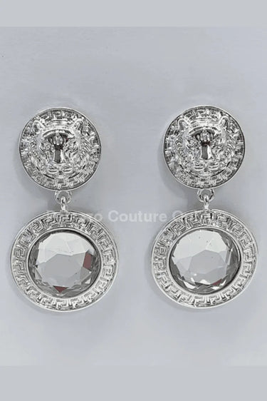 Greek Lion earrings Emblem Drop Earrings with Crystal Detail - women's statement jewelry