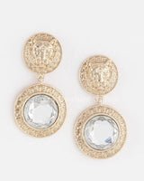 Greek Lion earrings Emblem Drop Earrings with Crystal Detail for women - fashion jewelry by Palazzo Couture