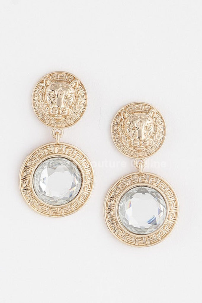Greek Lion Emblem Earrings One Size / Gold/Clear