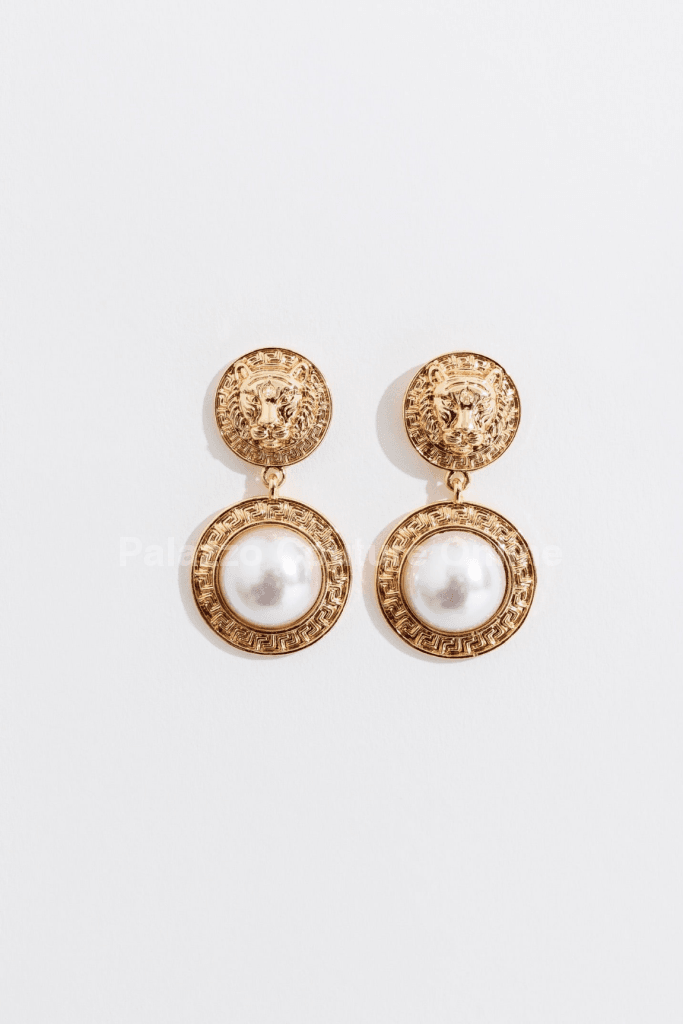 Greek Lion Emblem Earrings One Size / Gold/Pearl