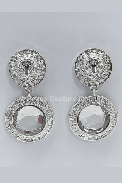Greek Lion Emblem Earrings One Size / Silver/ Clear