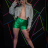 Sassy Slithers Metallic Shorts – Green High-Waist front view