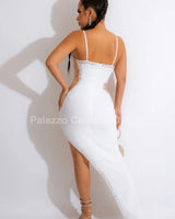 Half  Past Midnight Maxi Dress White full body look paired with heels and statement jewelry