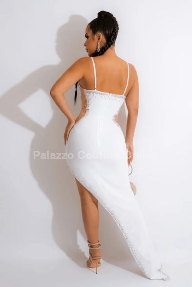 Half  Past Midnight Maxi Dress White full body look paired with heels and statement jewelry