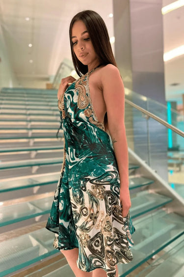 Halter Neck Bugle Bead Premium Resort Green Mini  Dress close up detail of halter design