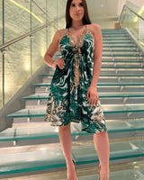 Halter Neck Bugle Bead Premium Resort Green Mini  Dress front view showing mini dress silhouette