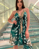 Halter Neck Bugle Bead Premium Resort Green Mini  Dress side view highlighting short hemline