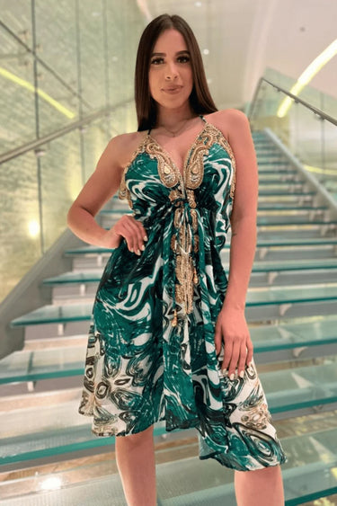 Halter Neck Bugle Bead Premium Resort Green Mini  Dress side view highlighting short hemline