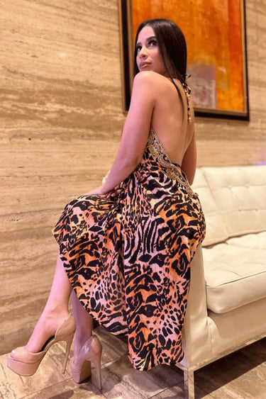 Halter Neck Bugle Bead Premium Resort Mini  Dress showing dress construction and fit details