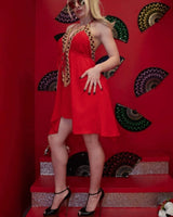 Halter Neck Premium Mini Dress (Red) showing dress construction and fit details