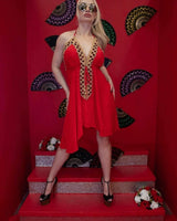 Elegant Red halter mini dress on model styled for going out