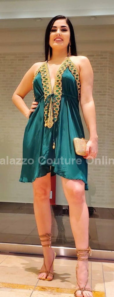 Halter Neck Premium Resort Mini Dress (Hunter Green) - Palazzo Couture Online