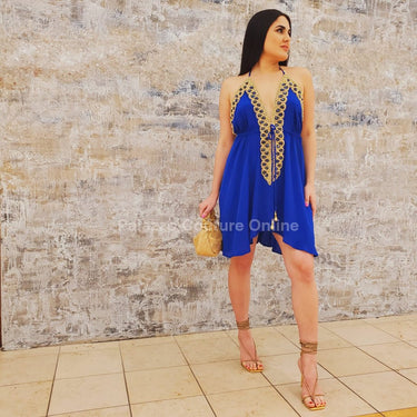 Halter Neck Premium Resort Mini Dress - Royal Blue - Palazzo Couture Online