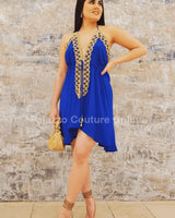 Halter Neck Premium Resort Mini Dress - Royal Blue front view showing mini dress silhouette