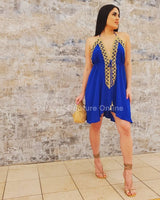 Halter Neck Premium Resort Mini Dress - Royal Blue side view highlighting short hemline