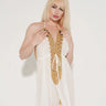 Elegant White halter mini dress on model styled for going out