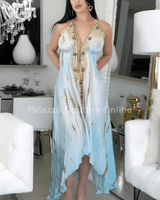 Halter Vaid Embroidery Print Mint Long Dress - Palazzo Couture Online