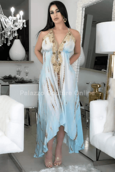 Halter Vaid Embroidery Print Mint Long Dress - Palazzo Couture Online