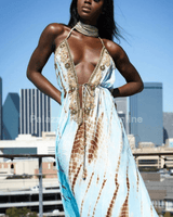 Halter Vaid Embroidery Print Mint Long Dress - Palazzo Couture Online