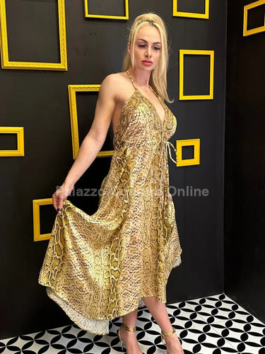 Halter Vaid Embroidery Snake Print Maxi Dress - Palazzo Couture Online