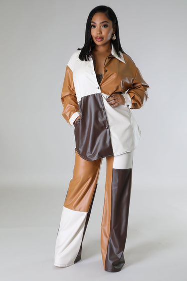 Side view of wide leg faux leather cargo pants – full length and relaxed fit