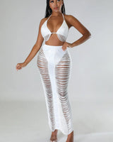 Women's White skirt set fringe style back view