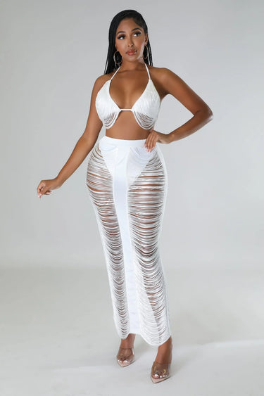 Women's White skirt set fringe style back view