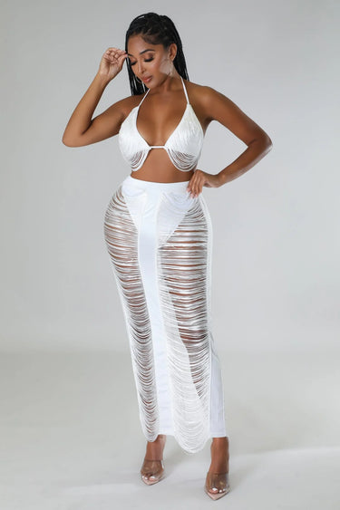 Elegant White fringe two piece skirt set styled for going out