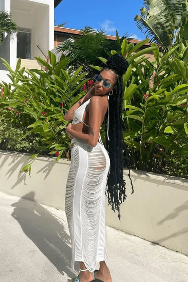 Haven Days Skirt Set – White Skirt Set with Fringe Lace close up of fringe top design and fabric