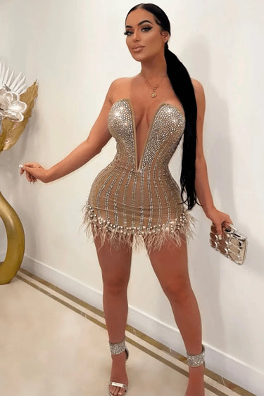 Head-Turningly Pretty Mini Dress(Nude) side view highlighting short hemline