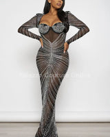 Her Special Black Evening Gown with Rhinestone Embellishment close up detail of elegant design and fabric