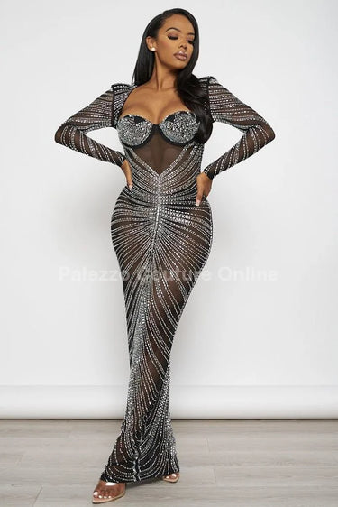 Her Special Black Evening Gown with Rhinestone Embellishment close up detail of elegant design and fabric