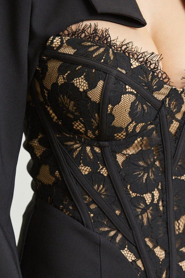 High Class Lace Trim Blazer 2 pcs Jumpsuit Set (Black) - Palazzo Couture Online