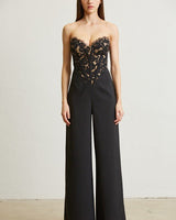 High Class Lace Trim Blazer 2 pcs Jumpsuit Set (Black) - Palazzo Couture Online